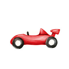 Red race car on white.  The toy car is vintage inspired, with a single black steering wheel and a spoiler.  Great for children's bedroom decor.