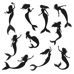 Collection of ten black silhouette illustrations of mermaids in various poses on a white background vector