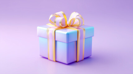 Obraz premium Iridescent gift box with yellow ribbon on a purple background.