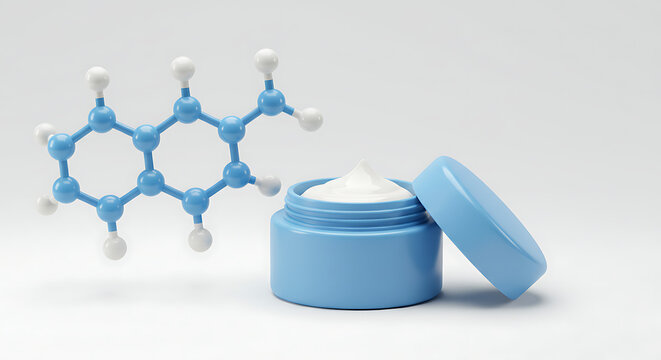 A sophisticated 3D render illustrating the science behind modern skincare
