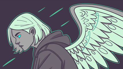Angel girl with wings in hoodie, a fantasy illustration of a spiritual guardian with magic power, perfect for animation and comic designs