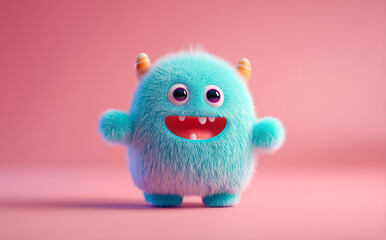 Fototapeta premium Cute blue monster with horns waving hands.