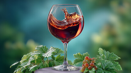 Red wine swirling in glass with grapes in vibrant colors