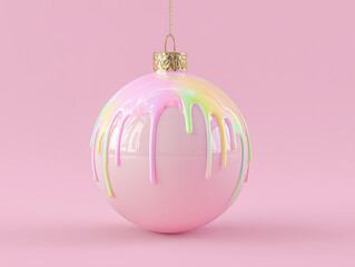 Pink Christmas ornament with colorful pastel dripping paint. 