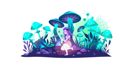 A whimsical fairy sits among glowing mushrooms in a magical forest, isolated on white background the scene is full of enchanting details and vibrant colors