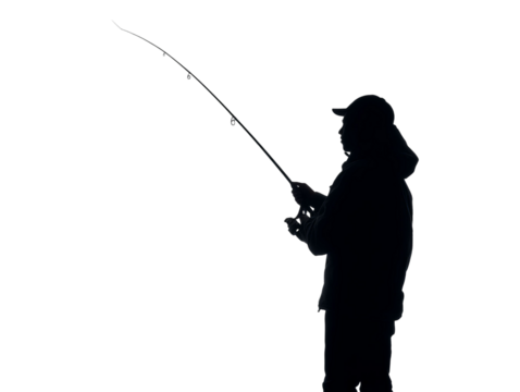 PNG Of A silhouette of a man fishing, casting his line into the water against a dark background, evoking a sense of tranquility.