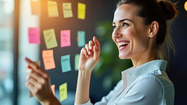Smiling woman with brown hair writing colorful sticky notes brainstorm