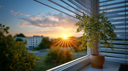 Sunset scene through window blinds with plant