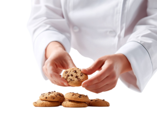 PNG Of A female chef carefully places a chocolate chip cookie on top of a stack, showcasing her baking skills and passion.