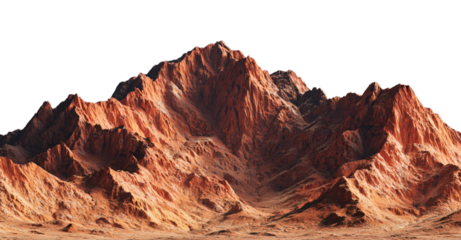 Dramatic alien planet landscape with rugged, sunlit red mountains and textured terrain