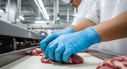 Workers in a food processing plant preparing raw meat on a conveyor belt. Focus on hygiene and quality control in the food industry.