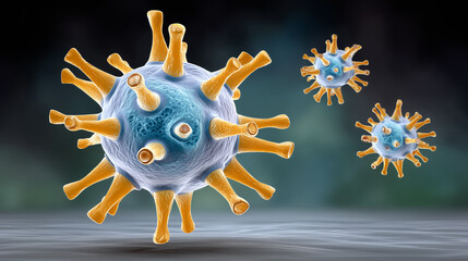 Virus Illustration in 3D Style with Blue and Orange Colors for Health Awareness