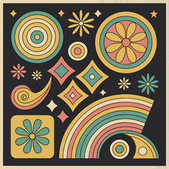 Retro abstract shapes and rainbow in muted pastel colors on dark background vintage 1970s