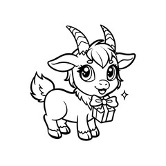 A cute cartoon goat stands holding a small gift box tied with a bow, outlined in black and white.