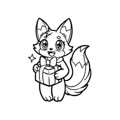 A cute cartoon fox with big eyes holds a wrapped gift box tied with a bow, outlined in black and white.