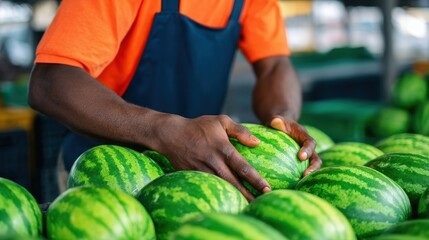 A vendor carefully selects ripe watermelons at a bustling market, surrounded by fresh produce and customers