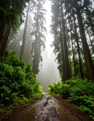 Obraz premium Misty redwood forest path