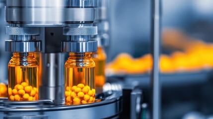 Modern manufacturing process showcasing vibrant orange capsules being filled into glass vials in a lab