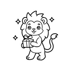 A cute cartoon lion cub stands holding a gift box, surrounded by sparkling stars.