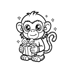 Cute cartoon monkey holding a gift box with a bow, outlined in black and white with sparkling accents.