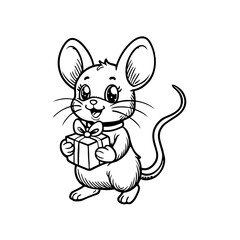 A cute cartoon mouse with big ears holds a small gift box tied with a bow, smiling happily.