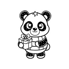 Cartoon panda bear standing and holding a wrapped gift box with a bow, outlined in black and white.