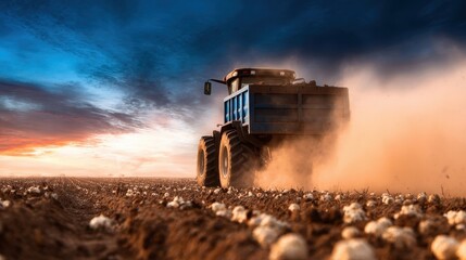 Tractor plowing through a dusty field at sunset, with scattered crops and dramatic sky in the background