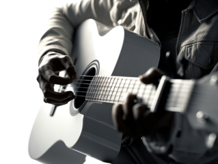 PNG Of A male musician with dark skin plays a white acoustic guitar, channeling deep emotion through his music in a serene ambiance.