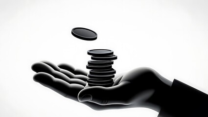 Black coins stacked on open palm with one coin falling hand