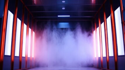 Futuristic corridor filled with colorful fog, illuminated by neon lights, evoking a sci-fi atmosphere