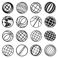 Sixteen Black and White Globe Icons and Sports Balls on White Background world earth