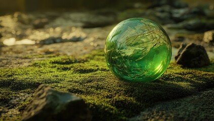 Discover the magic: green orb on mossy ground, nature's enchanting sphere art