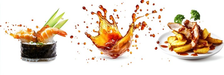 wasabi sauce splashing onto a sushi bowl with ginger, hoisin sauce splashing onto a plate of grilled chicken, sweet chili sauce splashing onto a pile of crispy fried potatoes, isolated on white