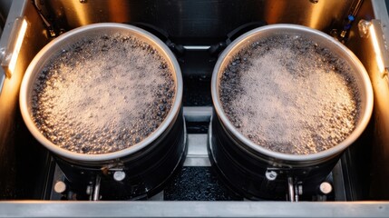 Two large pots boiling water on a stove, with steam rising, in a modern kitchen setting