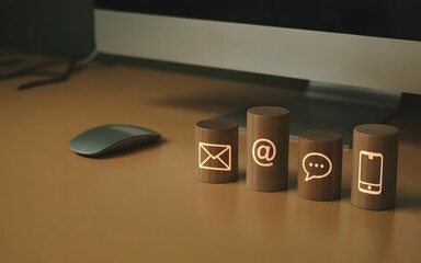 Wooden cylinders display glowing contact , icons email, at symbol, chat bubble, smartphone.