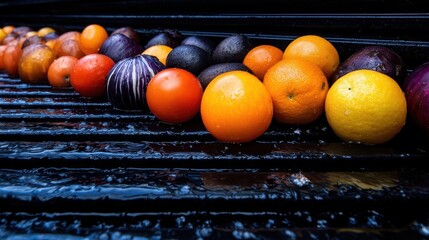 Freshly washed fruits including oranges, lemons, and eggplants lined up on a wet surface, showcasing vibrant colors
