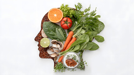 Food-Shaped Human Head and Brain on Wooden Board – Healthy Eating Concept for Mental Wellness
