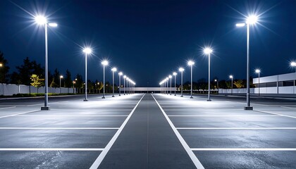 Illuminated Empty Parking Lot at Night with Starburst Streetlights and Dark Sky
