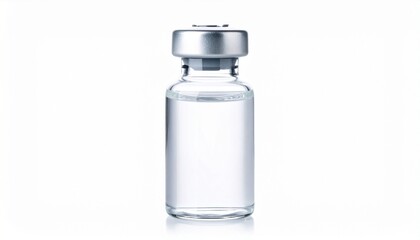 Small glass vial with silver cap containing clear liquid—clinical, sterile presentation on white backdrop for medical or scientific visuals.