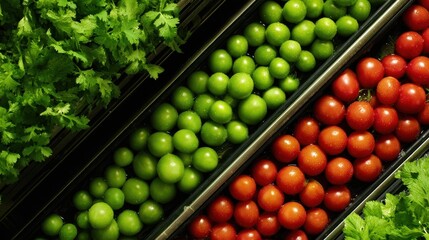 Fresh green and red tomatoes arranged neatly with vibrant cilantro leaves in a market display