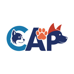 Pet Care Logo with Dog Faces, Paw Print, and CAP Text