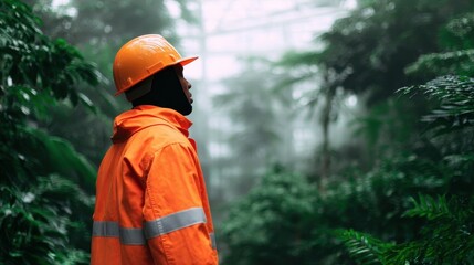 Worker in orange safety gear observes lush green plants in a misty greenhouse environment