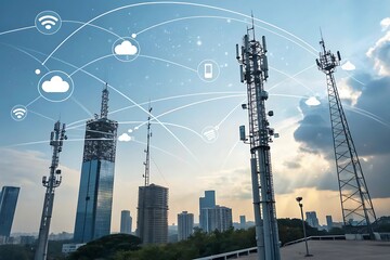 Telecommunication towers and city skyline with digital network connections isolated on white background