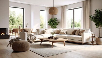 Minimalist living room with large windows, light sectional sofa, wooden furniture, and indoor plants—cozy contemporary setting.