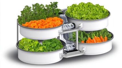 Innovative hydroponic system showcasing vibrant greens and carrots with flowing water, promoting sustainable gardening