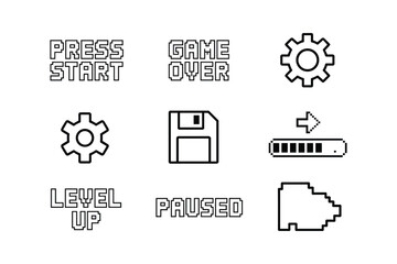 Pixelated game interface icons and text elements pixel art press start