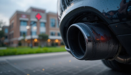 Car exhaust emission urban street close-up photography evening low angle environmental awareness