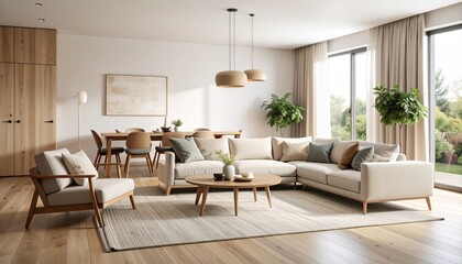 Fototapeta premium Minimalist living room with large windows, light sectional sofa, wooden furniture, and indoor plants—cozy contemporary setting.