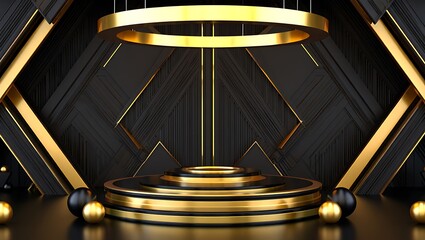 Luxurious black and gold stage with geometric patterns podium luxury