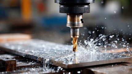 An industrial drill cuts through steel, sparks flying against the workshop backdrop as precision machinery works